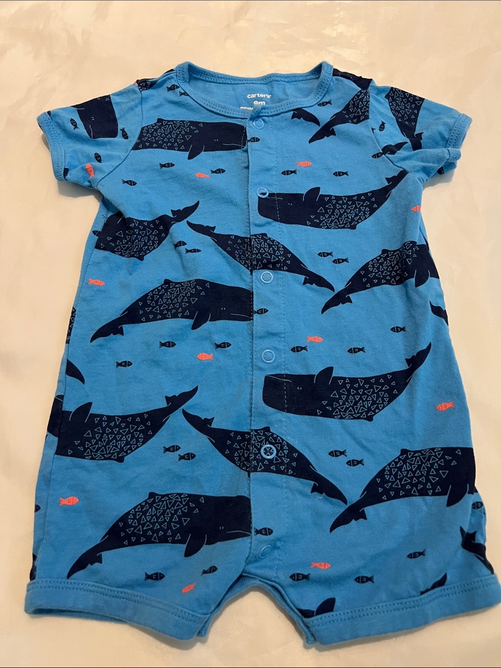 “Bundle 10/$13” Carter's 9m Blue Whale Print Short Sleeve baby boy Romper
